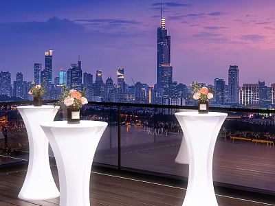 Glowing White High Dining Tables On Rooftop Terrace Overlooking Stunning Modern City Night View 3d model