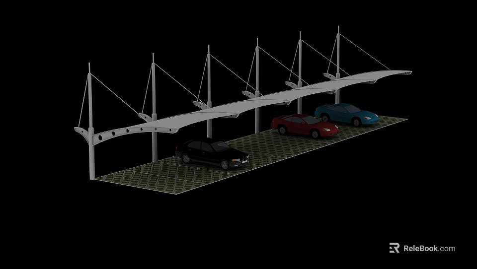 Covered Parking Lot With White Support Structure And Multiple Cars On Grid Patterned Ground 3d model