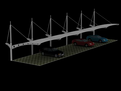 Covered Parking Lot With White Support Structure And Multiple Cars On Grid Patterned Ground 3d model