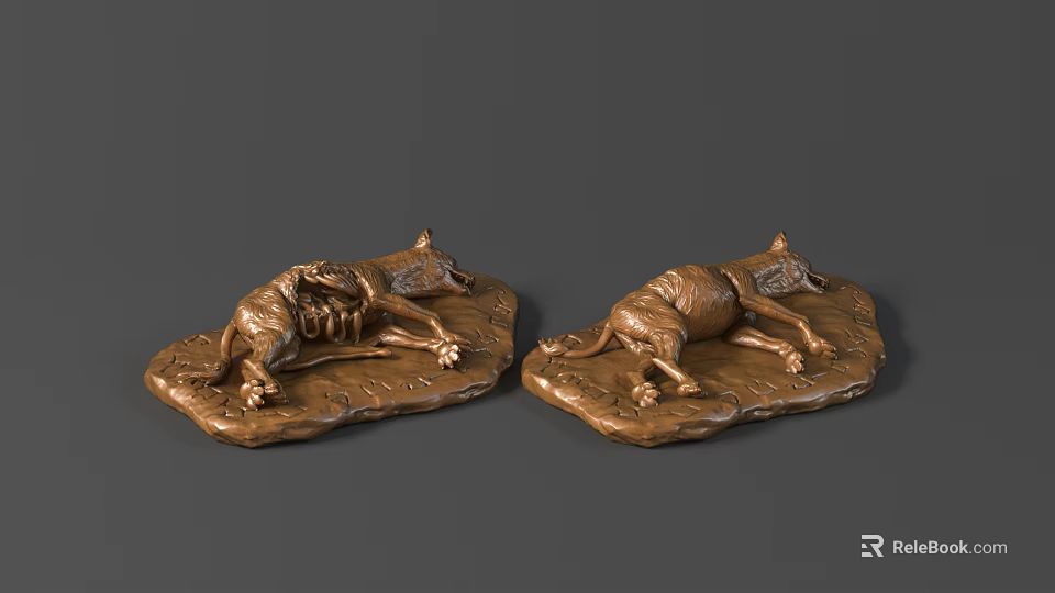 Pair of Handcrafted Bronze Reclining Dog Sculptures with Rock Like Base 3d model 