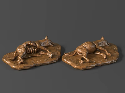 Pair of Handcrafted Bronze Reclining Dog Sculptures with Rock Like Base 3d model