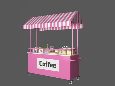 Pink Coffee Cart With Pink And White Striped Canopy And Coffee Items On Wheels 3d model
