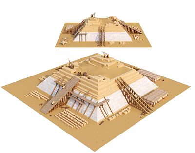 Cartoon Scene Of Ancient Step Pyramids With Steps Platforms And Wooden Structures 3d model
