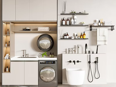 Modern Bathroom Interior With Sleek Cabinet Rack Mirror Storage Shelves And Towel Bar 3d model