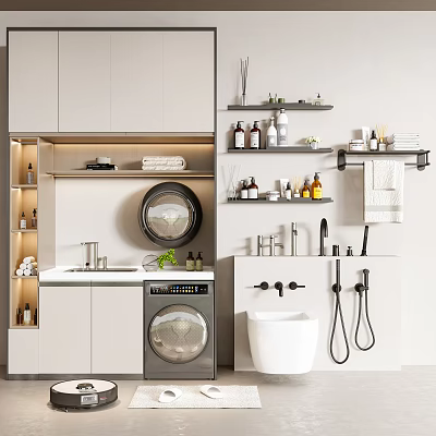 Modern Bathroom Interior With Sleek Cabinet Rack Mirror Storage Shelves And Towel Bar 3d model