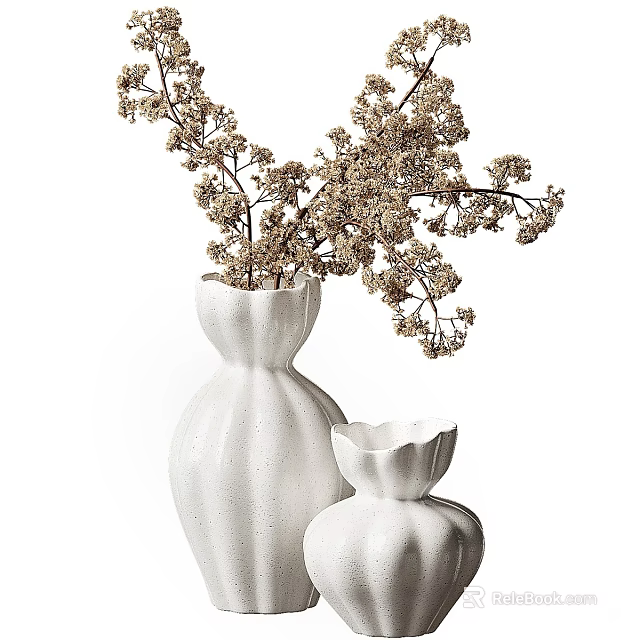 White Fluted Vases With Dried Flowers Textured Design For Home Decor 3d model 