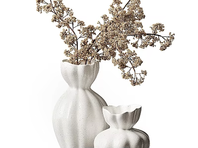 White Fluted Vases With Dried Flowers Textured Design For Home Decor 3d model