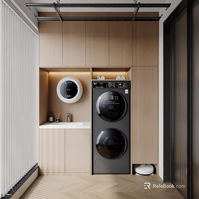 Modern Home Balcony With Wooden Cabinets Washing Machine Dryer And Sink 3d model 
