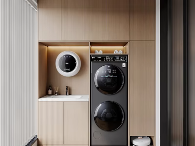 Modern Home Balcony With Wooden Cabinets Washing Machine Dryer And Sink 3d model
