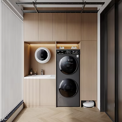 Modern Home Balcony With Wooden Cabinets Washing Machine Dryer And Sink 3d model