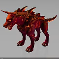 Red 3D Rendered Dog Shaped Monster With Horns Spikes Sharp Teeth Claws And Lava Texture