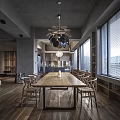 Modern Living Dining Room Interior With Dark Sofa Wooden Coffee Table Bookshelf And Concrete Walls