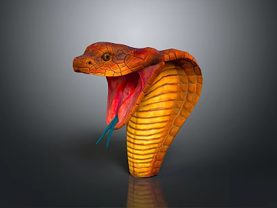 Reptile Cobra With Open Hood Red Mouth And Extended Blue Tongue On Gray Background 3d model