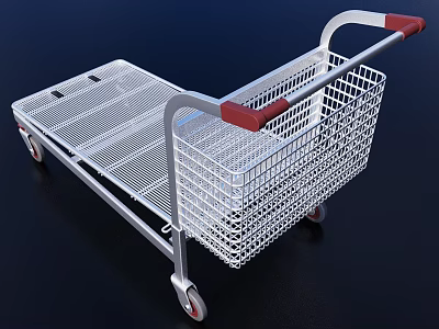 Sturdy Metal Mesh Supermarket Shopping Cart With Red Handles And Rolling Wheels 3d model