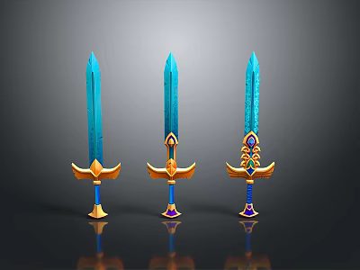 Three Decorative Swords With Blue Blades Golden Hilts And Gemstone Accents 3d model