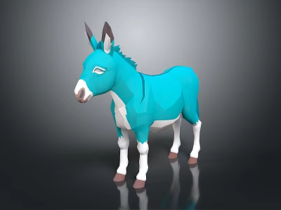 Turquoise Donkey Low Poly 3D Model With White Underbelly Legs Brown Ears Gray Background 3d model