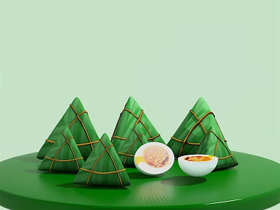 Traditional Zongzi In Bamboo Leaves With Stuffed Fillings And Sauce Bowls On Green Plate 3d model