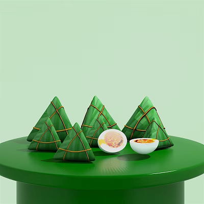 Traditional Zongzi In Bamboo Leaves With Stuffed Fillings And Sauce Bowls On Green Plate 3d model