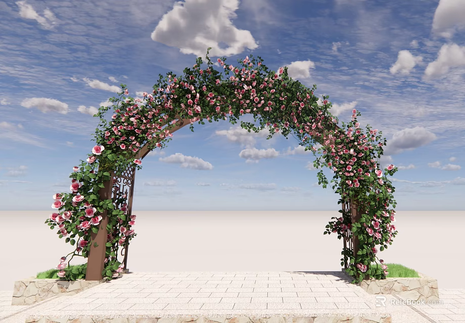 Garden Archway Adorned with Pink Flowers and Green Leaves Under Blue Sky 3d model 
