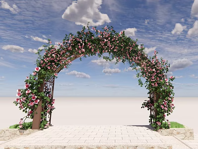 Garden Archway Adorned with Pink Flowers and Green Leaves Under Blue Sky 3d model