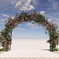 Garden Archway Adorned with Pink Flowers and Green Leaves Under Blue Sky