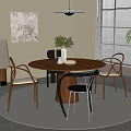 Modern Round Dining Table Set With Accent Chairs Vase Plants Window Blinds And Wall Art