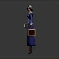 Vintage Female Character In Blue Long Dress With Hat And Brown Briefcase
