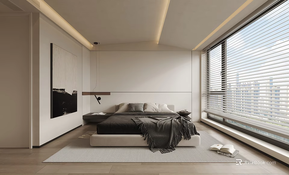 Modern Bedroom Interior With Large Bed Gray Throw Blanket Windows Blinds And City View 3d model 