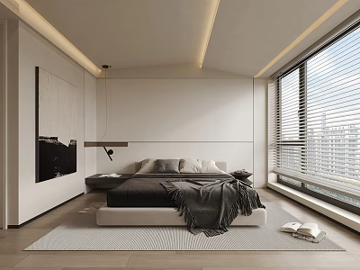 Modern Bedroom Interior With Large Bed Gray Throw Blanket Windows Blinds And City View 3d model