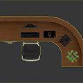 Curved Wooden Office Desk With Computer Monitor Keyboard Telephone And Potted Plant