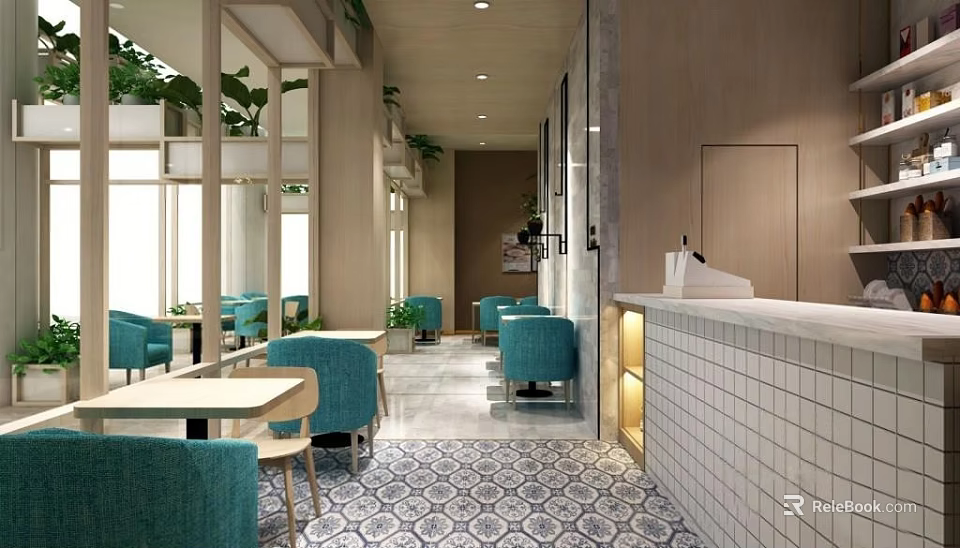 Elegant Modern Milk Tea Shop Interior With Blue Chairs Patterned Tile Floor And Green Plants 3d model 