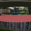 Modern Garden Landscape With Pond Curved Pathway Green Trees And Stone Decorations
