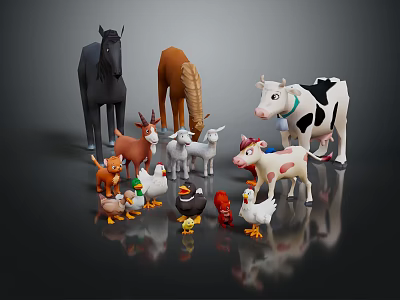 Collection of Various Animal Characters Including Horses Deer Cows Chickens and Ducks 3d model
