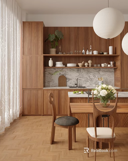 Restaurant Interior With Wooden Cabinets Green Plant Marble Countertop Dining Table Chairs And Pendant Lights 3d model 