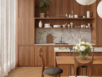 Restaurant Interior With Wooden Cabinets Green Plant Marble Countertop Dining Table Chairs And Pendant Lights 3d model