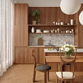 Restaurant Interior With Wooden Cabinets Green Plant Marble Countertop Dining Table Chairs And Pendant Lights