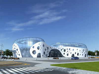 Contemporary Museum Building Featuring Glass Facade Circular Openings And Curved Structure 3d model