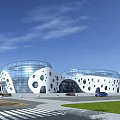 Contemporary Museum Building Featuring Glass Facade Circular Openings And Curved Structure