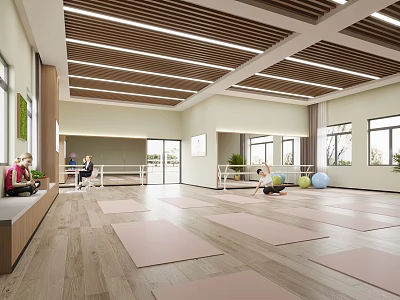 Spacious Yoga Fitness Studio With Pink Mats Natural Light And Wooden Ceiling Design 3d model