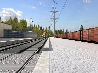 Railway Platform And Track Infrastructure With Electric Poles Trees And Red Train Cars 3d model