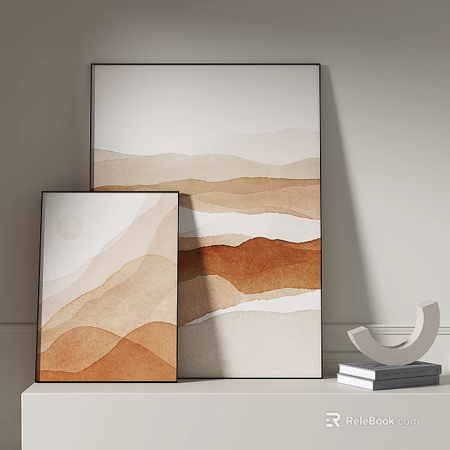 Abstract Art Pieces With Warm Layered Mountain Shapes In Interior 3d model