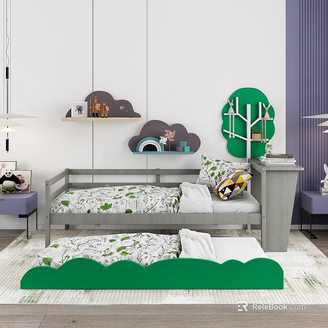 Kids Bed With Cloud Shaped Shelves Green Tree Decor And Leaf Patterned Linens 3d model 