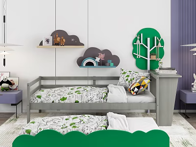 Kids Bed With Cloud Shaped Shelves Green Tree Decor And Leaf Patterned Linens 3d model