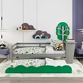 Kids Bed With Cloud Shaped Shelves Green Tree Decor And Leaf Patterned Linens