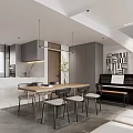 Modern Living And Dining Area With Hanging Lights Dining Table Sofa Large Windows And Staircase