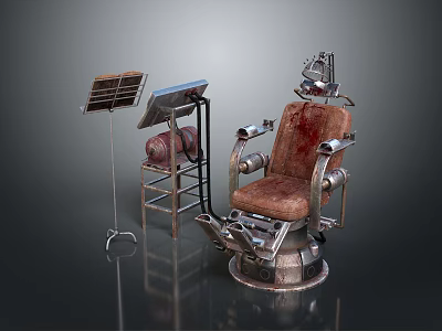 Vintage Medical Equipment Set Including Metal Frame Chair And Instrument Stand 3d model