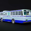 Classic Blue And White Striped Bus Exterior With Windows And Doors