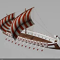 Ancient Sailing Vessel With Red And White Striped Sails And Wooden Oars