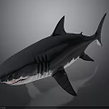 Realistic 3D Shark Model With Gray White Body And Dorsal Fin On Dark Background