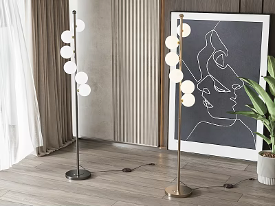 Modern Floor Lamps With Spherical Bulbs In Living Interior With Abstract Art And Green Plant 3d model